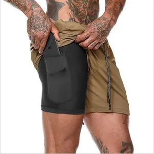 Detail of 2-in-1 men's running shorts showing hidden inner pocket for mobile phone