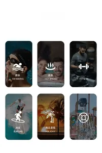 Collage of six scenes showing quick-dry swim trunks for surfing, gym, and beach activities