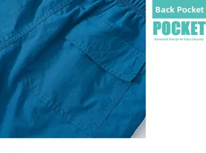 Detail shot of navy blue quick-dry swim shorts featuring a reinforced back pocket design