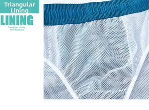 Detail of men's swim trunks featuring a breathable white mesh lining for comfort