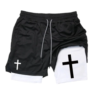 Black 2-in-1 cross print sports shorts with white tight inner liner and drawstring