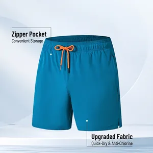 Quick-dry blue men's swim trunks with orange drawstring and functional zipper pocket