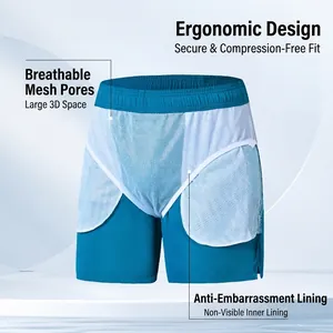 Lake blue men's quick-dry beach shorts with ergonomic white mesh lining and side slits