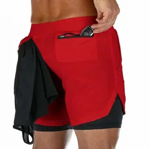 Dettaglio dei pantaloncini running 2-in-1 rossi da uomo con porta asciugamano e tasca con zip