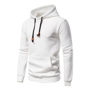 Men's white waffle knit hoodie with contrast black drawstrings and kangaroo pocket