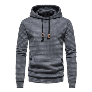 Men's dark grey checkered hoodie with textured waffle pattern and drawstring hood