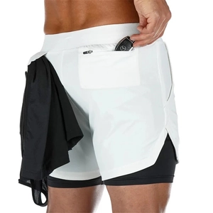 Detail view of 2-in-1 sports shorts with zip pocket and towel loop for men