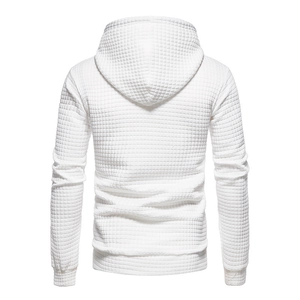Detailed back view of white hoodie showing the 3D waffle grid texture and ribbed hem