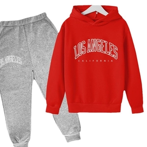 Kids red Los Angeles hoodie and grey sweatpants two-piece casual athletic outfit set