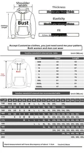 Size chart for oversized gothic hoodies with detailed measurements and height weight guide