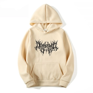 Beige Gothic oversized hoodie with black graphic print and front kangaroo pocket