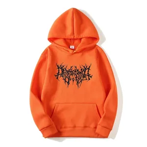 Bright orange gothic oversized hoodie with black graphic print and kangaroo pocket