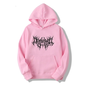 Detail of gothic graphic print and kangaroo pocket on pink oversized hoodie
