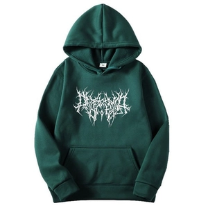 Detailed view of the gothic graphic print on dark green oversized hoodie with kangaroo pocket