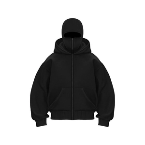 Men Full Zip Balaclava Hoodie Oversized Integrated Face Mask Sweatshirt Fleece Lined Winter Techwear Streetwear Pullover Top