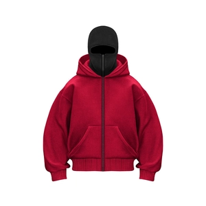 Deep red oversized hoodie with black integrated balaclava hood and full zip closure
