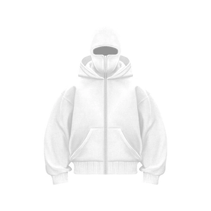 White full zip hoodie with a unique face mask hood design and kangaroo pockets