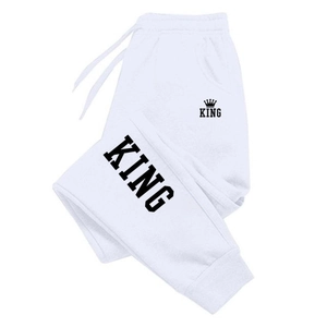 Pantaloni sportivi bianchi da uomo con stampa KING nera e logo corona su vita elastica