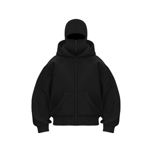 Detail view of heavy black oversized hoodie featuring a full-zip balaclava style mask hood