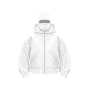 Detail of heavy white full-zip hoodie featuring a unique full-face balaclava mask hood