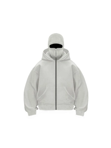 Detail of grey full-zip hoodie featuring a unique built-in balaclava style goggles hood