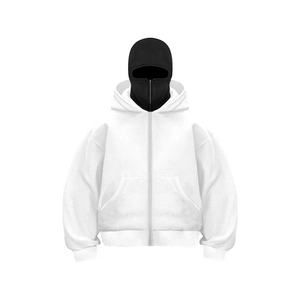 Detail view of a white zip-up hoodie paired with a black tactical balaclava mask