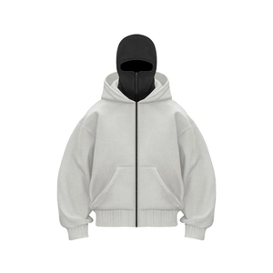 Detail of white hooded zip-up sweatshirt featuring a double hood and balaclava design