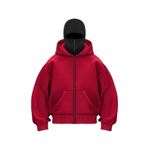 Detail of red hoodie with integrated black balaclava mask and heavy metal front zipper