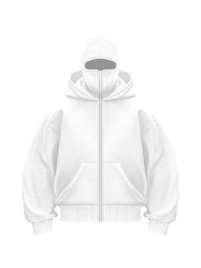 White full zip hoodie with balaclava hood design and oversized drop shoulder silhouette