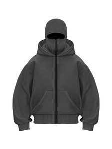 Dark charcoal hooded full zip sweatshirt with balaclava hood and oversized fit