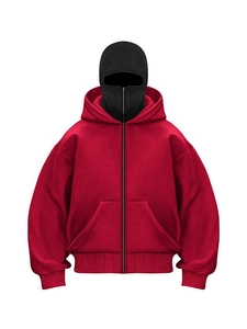 Oversized red zip-up hoodie with unique black balaclava hood and street style fit