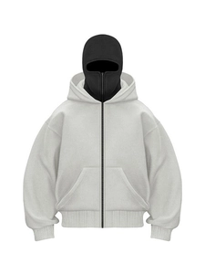 Oversized light grey zip-up hoodie with unique double hood and black inner mask design
