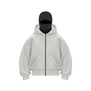 Oversized grey zip hoodie with integrated black balaclava mask and heavy cotton fabric