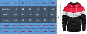 Detailed size chart for men's colorblock hoodie with shoulder, chest, and length measurements
