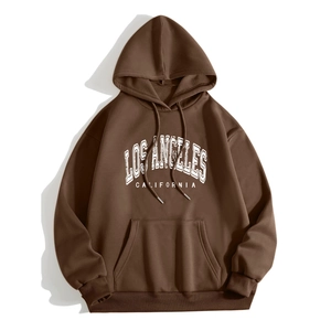 Women's brown hoodie with Los Angeles lettering and warm fleece lining for autumn winter
