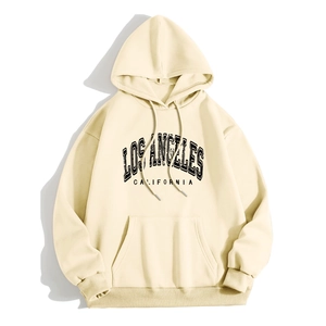 Beige oversized hoodie with Los Angeles lettering and kangaroo pocket in flat lay view