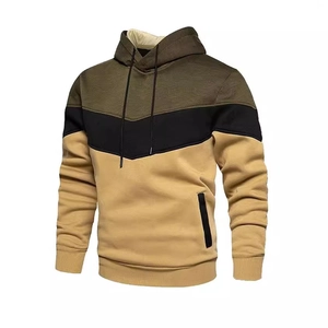 Men's tricolor patchwork hoodie with olive green and khaki panels and drawstring hood