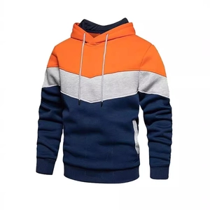 Men's three-color patchwork hoodie in orange, light grey and navy blue with white drawstring