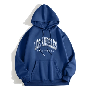 Detail of Los Angeles print on navy blue hooded sweatshirt with front kangaroo pocket