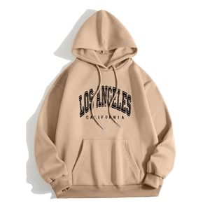 Detail of Los Angeles California letter print on beige drawstring hoodie sweatshirt