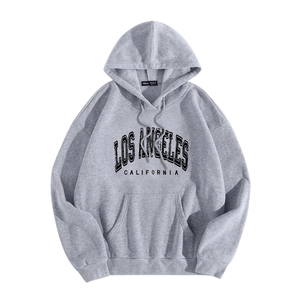 Detail of Los Angeles print on gray drawstring hoodie with ribbed cuffs and kangaroo pocket