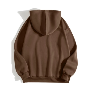 Back view of a chocolate brown oversized hoodie with ribbed cuffs and warm fleece lining
