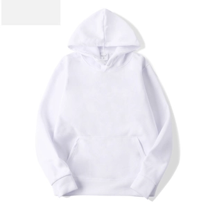 Classic white thick fleece hoodie with kangaroo pocket and drawstring closure in size M