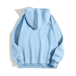Back view of light blue hooded sweatshirt with ribbed cuffs and drop shoulder design