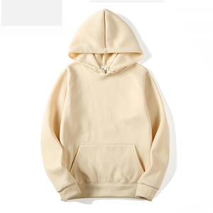 Relaxed fit solid beige hoodie with kangaroo pocket and ribbed cuffs in size M