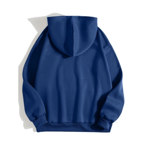 Detail view of navy blue hooded sweatshirt back with ribbed cuffs and drop shoulder
