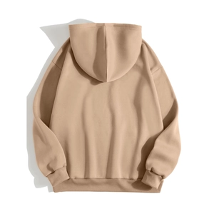 Flat lay back view of a thick khaki hooded sweatshirt with ribbed hem and cuffs