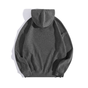 Flat lay of dark grey fleece hoodie showing knitted cotton texture and ribbed cuffs
