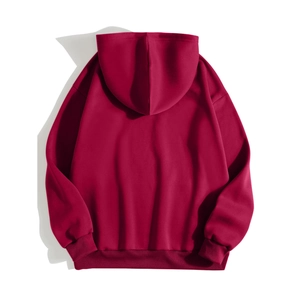 Detailed back view of oversized dark wine red hoodie with ribbed cuffs and hem