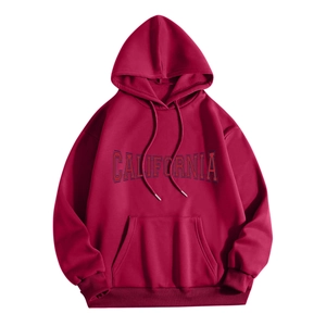 Close-up of deep red hoodie featuring retro California letter print and kangaroo pocket